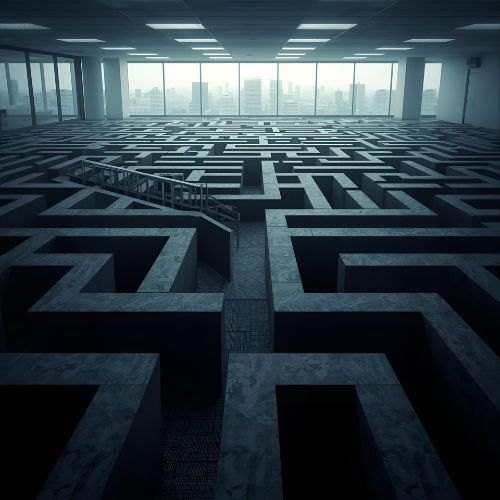 A large office has steps leading into a maze